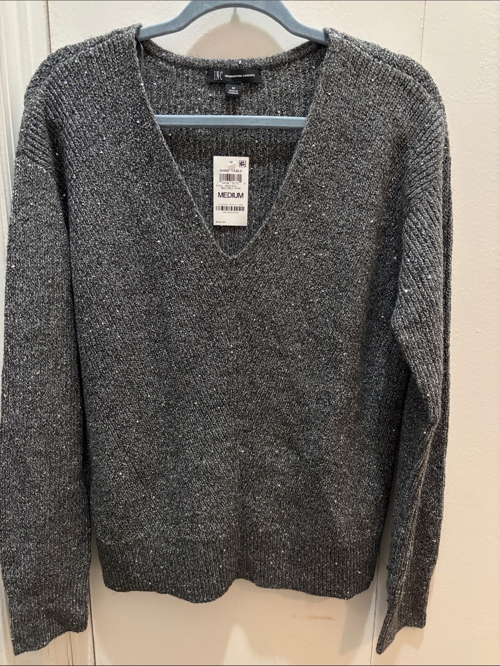 INC International Concepts Women’s Charcoal Sparkle V-Neck Sweater